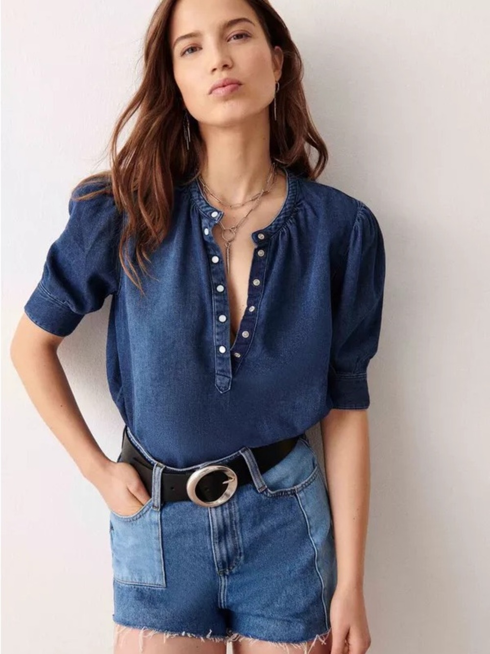 BA&SH Drake Pearl Snap Button Denim Shirt